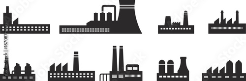 Industrial factory silhouette icons, manufacturing plants, power stations, production facilities, industrial buildings, energy plants, industrial architecture, factory outlines, industry symbols.
