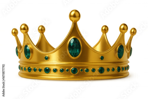 Shiny golden royal crown adorned with sparkling emerald gemstones, isolated on transparent background, perfect for majestic designs