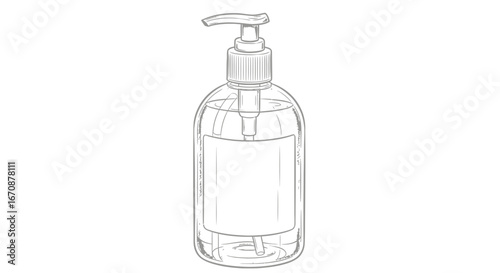 A detailed line art drawing of a hand sanitizer bottle with dispenser