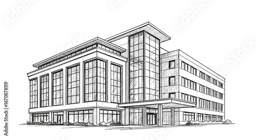Architectural design of a commercial building in detailed line art style