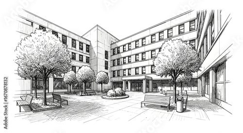 Architectural sketch of a serene courtyard with trees and benches around