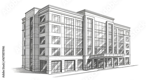 Architectural sketch of modern office building with glass facades isolated