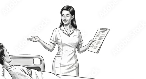 Artistic monochrome representation of nurse with clipboard and patient