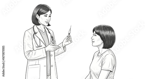 Asian doctor explaining the vaccination process to a female patient