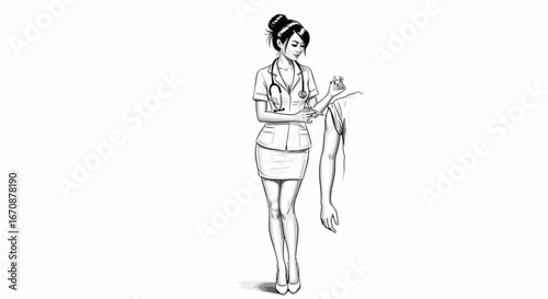 Attentive medical professional administering vaccine injection sketch illustration