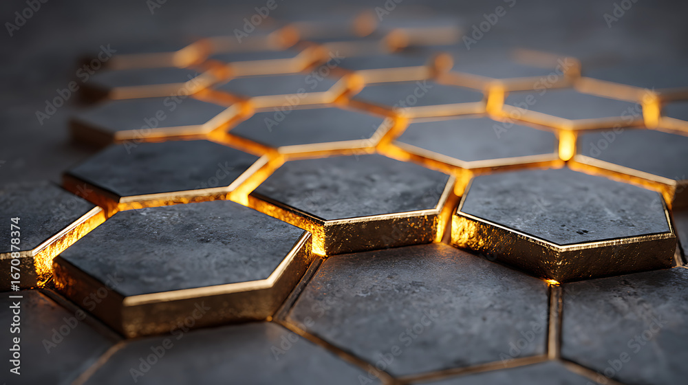 Obraz premium A surface of dark hexagonal tiles with gold edges, glowing from beneath. Abstract background representing luxury, modern technology, and premium design. 