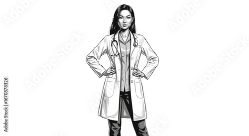Confident female doctor in lab coat showcasing expertise with elegance