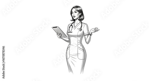 Confident female medic in uniform with digital tablet explaining diagnosis