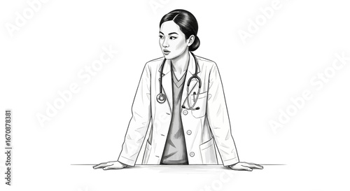 Contemplative female doctor in monochrome vector art, looking away thoughtfully