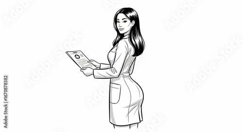Confident young doctor in lab coat holding patient's file monochrome art
