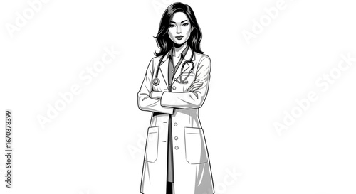 Confident young female doctor in uniform with a stethoscope, in monochrome