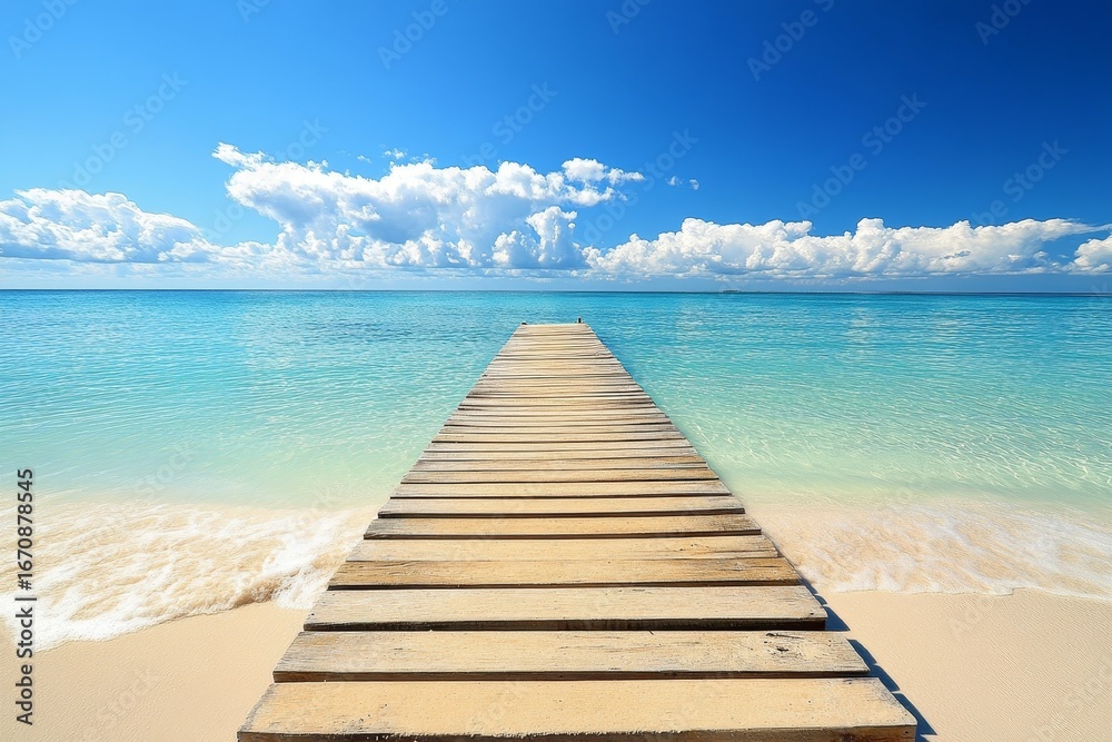 Fototapeta premium A charming boardwalk in Destin, Florida, gives a beautiful perspective of the ocean and a beach house, while a wooden pathway follows the outer edge of the beach house