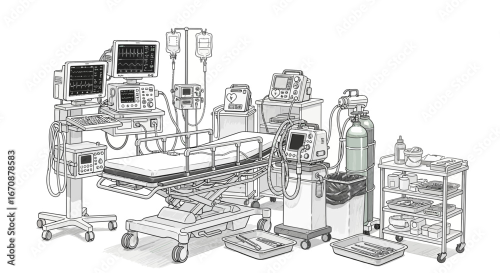 Obraz premium Detailed line drawing of various medical equipment in a clinical environment