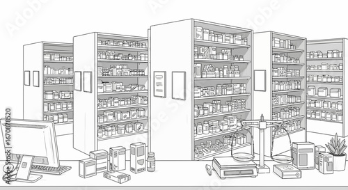 Detailed illustration of a well-stocked pharmacy interior setup