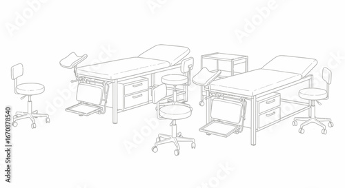 Detailed Line Art Illustration of Essential Medical Examination Room Furniture