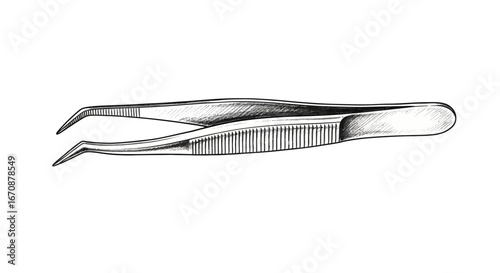 Detailed line art illustration of stainless steel precision tweezers