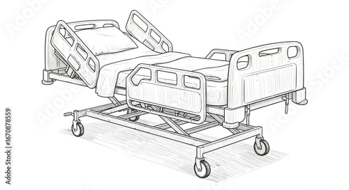 Detailed line art of an adjustable hospital bed with mattress and bedding