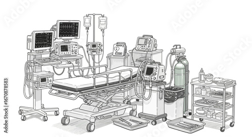 Detailed line drawing of various medical equipment in a clinical environment