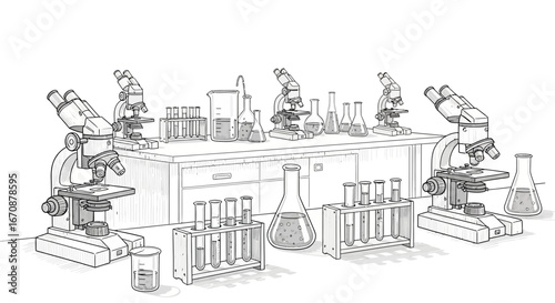 Detailed monochromatic sketch showcasing a laboratory setup with microscopes