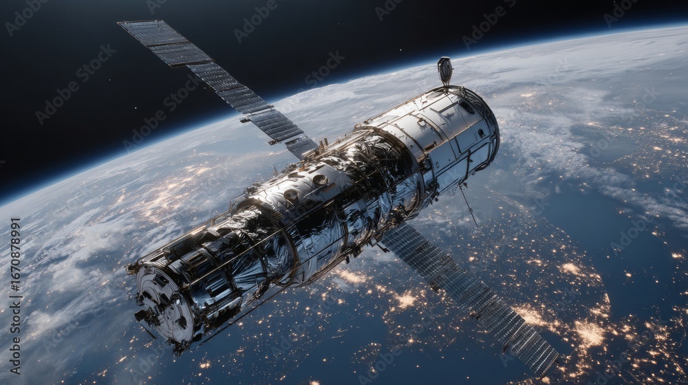 Obraz premium Futuristic High-Tech Satellite Orbiting Earth at Night