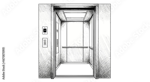 Elevator Sketch with Button Panel and Interior Details, Architectural Illustration