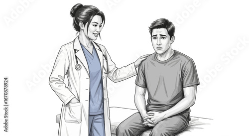 Empathetic medical professional comforting anxious young man during consultation