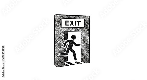 Exit sign art illustration conveying emergency preparedness instructions