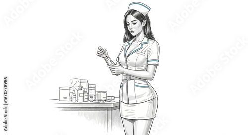 Focused nurse preparing medication with attention to medical details