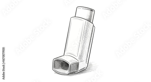 Hand-Drawn Sketch of an Asthma Inhaler on White, Clean Medicinal Setup