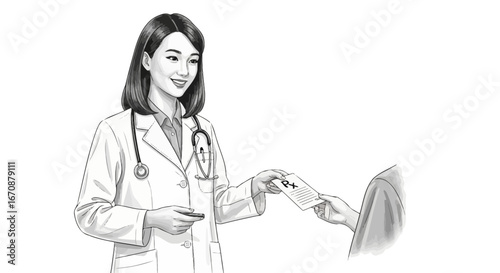 Healthcare professional giving prescription to patient, illustration of consultation