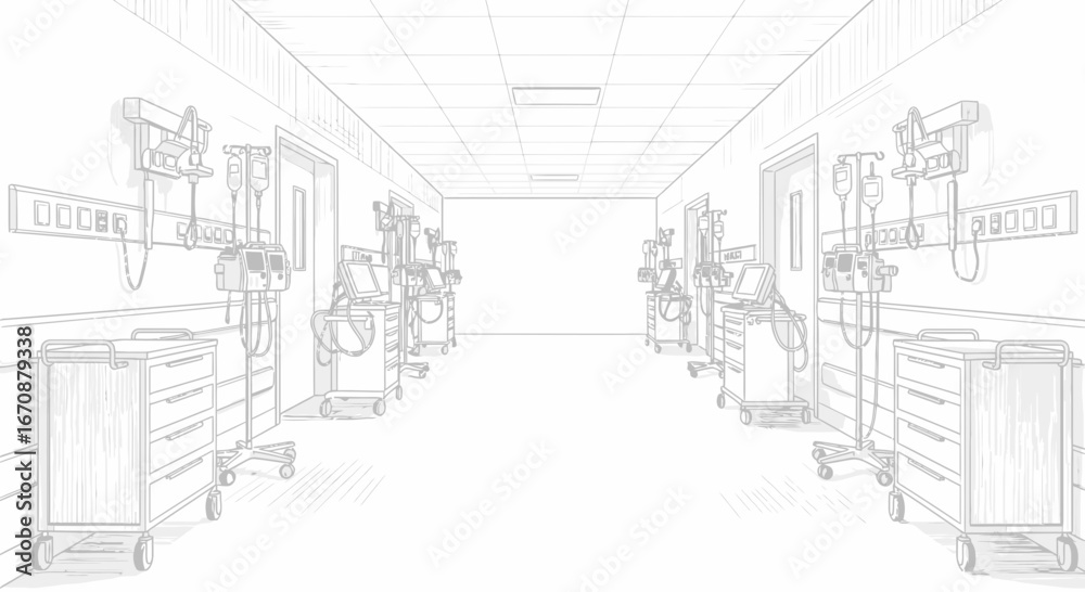 Fototapeta premium Intensive care unit hallway, showcasing hospital ward sketch illustration