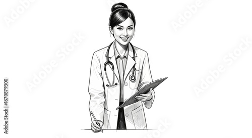 Illustrative monochrome drawing of a smiling female healthcare professional