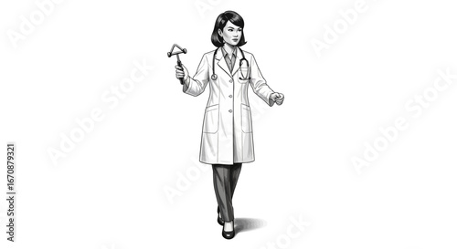 Illustrative sketch of a female doctor conducting a neurological examination