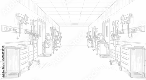 Intensive care unit hallway, showcasing hospital ward sketch illustration