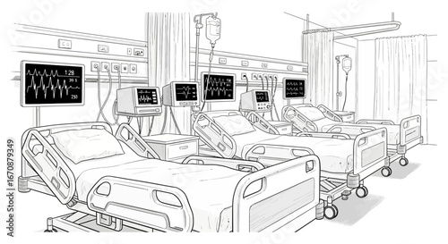 Intensive Care Unit Illustration with Medical Equipment and Hospital Beds