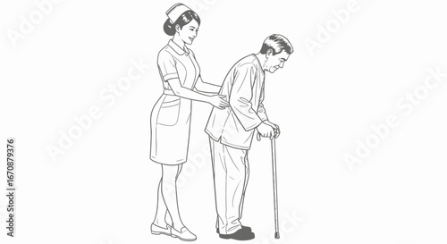 Line Art Depiction of Caregiver Assisting Elderly Man With Mobility