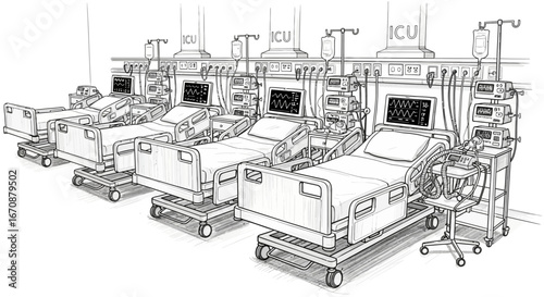 Monochromatic Sketch of ICU Beds, Equipment, and Monitoring Systems