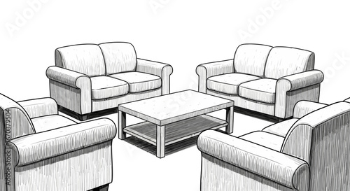 Minimalist sketch of armchairs arranged around a central table in a circle