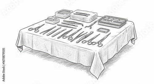 Monochromatic medical equipment sketch, meticulously organized on draped table