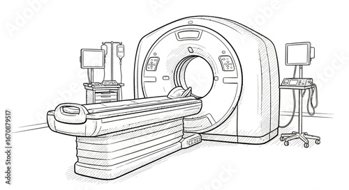 Monochrome depiction of a modern CAT scan equipment for medical use