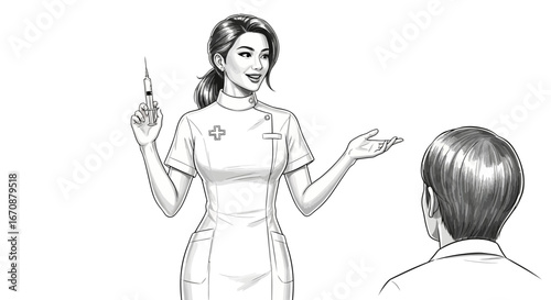Monochrome depiction of a nurse administering or discussing an injection with a patient