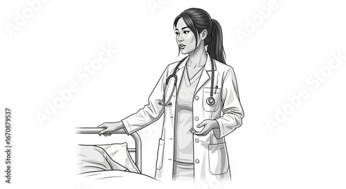 Monochrome illustration of a concerned doctor bedside in hospital room