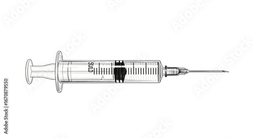 Monochrome illustration of a syringe on a stark white background