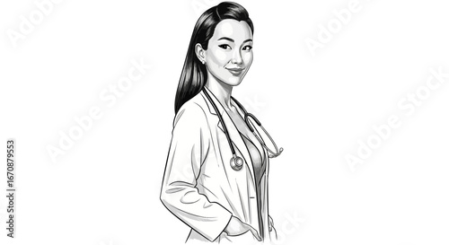 Monochrome illustration of a confident young doctor with a stethoscope