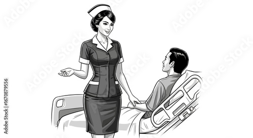 Monochrome illustration featuring a nurse attending to a patient bedside
