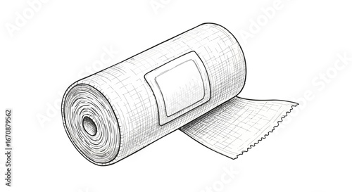 Monochrome illustration of rolled bandage for medical use, artistic style