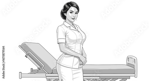Monochrome illustration of smiling medical professional near hospital bed