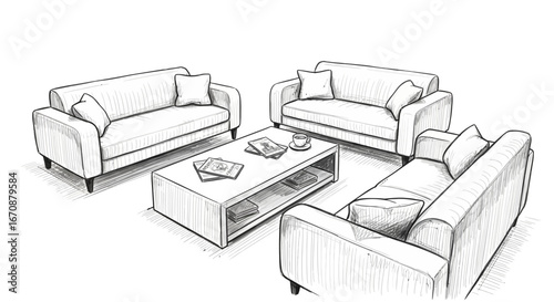 Monochrome sketch of a living room interior design with modern furniture
