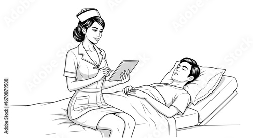 Nurse assessing a male patient in hospital bed using a digital tablet