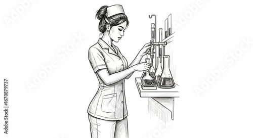 Sketch Illustration of a Young Nurse Conducting Scientific Research in Lab